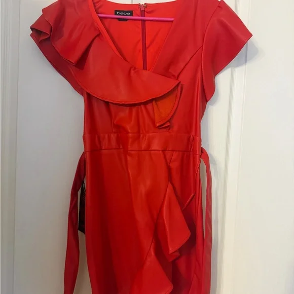Bebe faux leather Vibrant Red Asymmetrical Dress - Picture 1 of 6